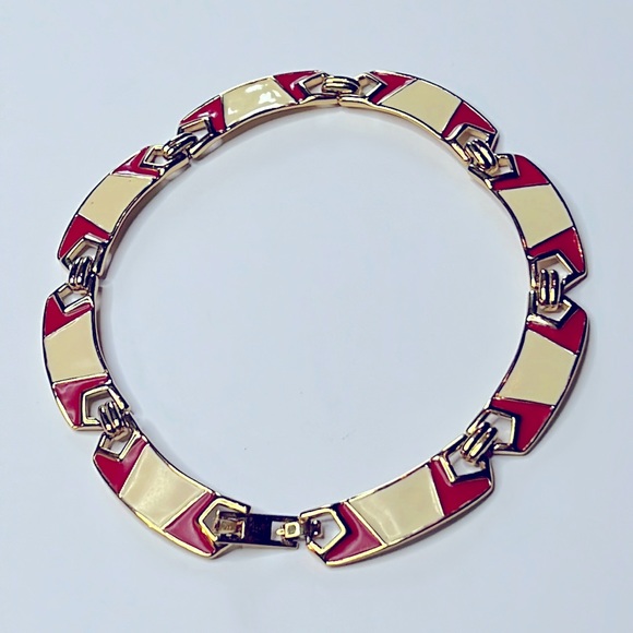Vintage Monet 18" Retro/Deco Enameled Red/Cream Gold Plated Links Necklace - Picture 1 of 10